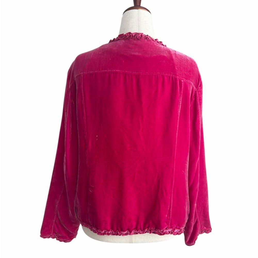 Chico’s Velvet Jacket Magenta Pink Ruffle Trim Rayon Silk Blend Boho Romantic XL - Picture 2 of 12